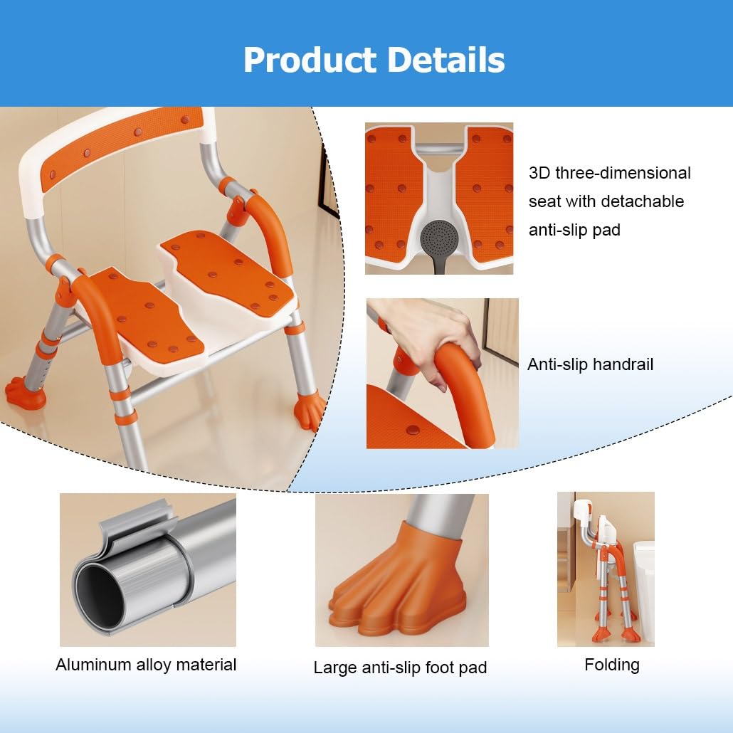 Sedia/sedile da doccia pieghevole a forma di U, sedie da bagno pieghevoli portatili antiscivolo regolabili for anziani/disabili/incinte/adulti(Oranje)