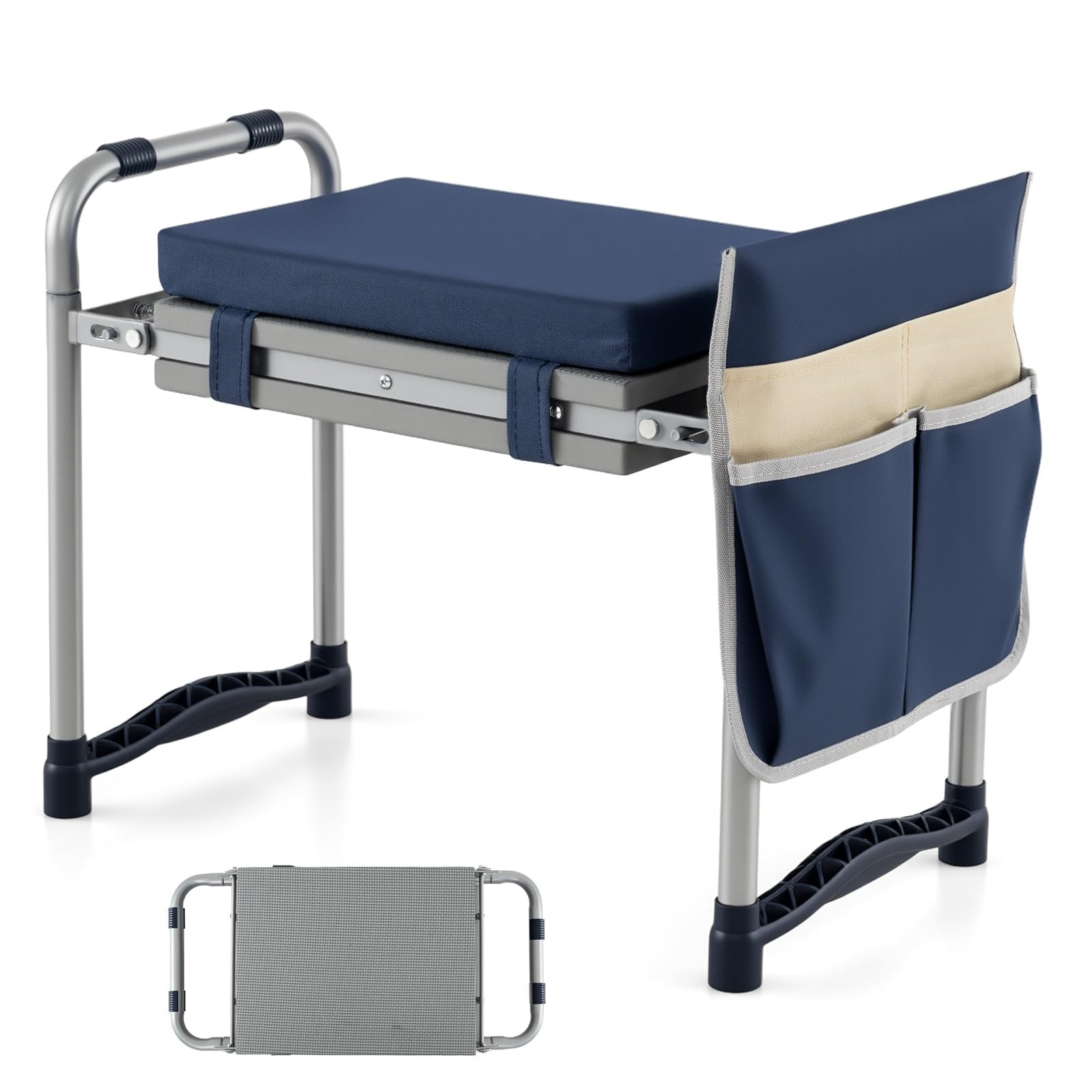 2-in-1 Garden Kneeler and Seat, Folding Garden Seat w/EVA Foam Kneeling Pad &amp; Removable Tools Pouch, Sturdy Steel Frame, No Assembly, Portable Heavy Duty Garden Stool w/Detachable Armrests