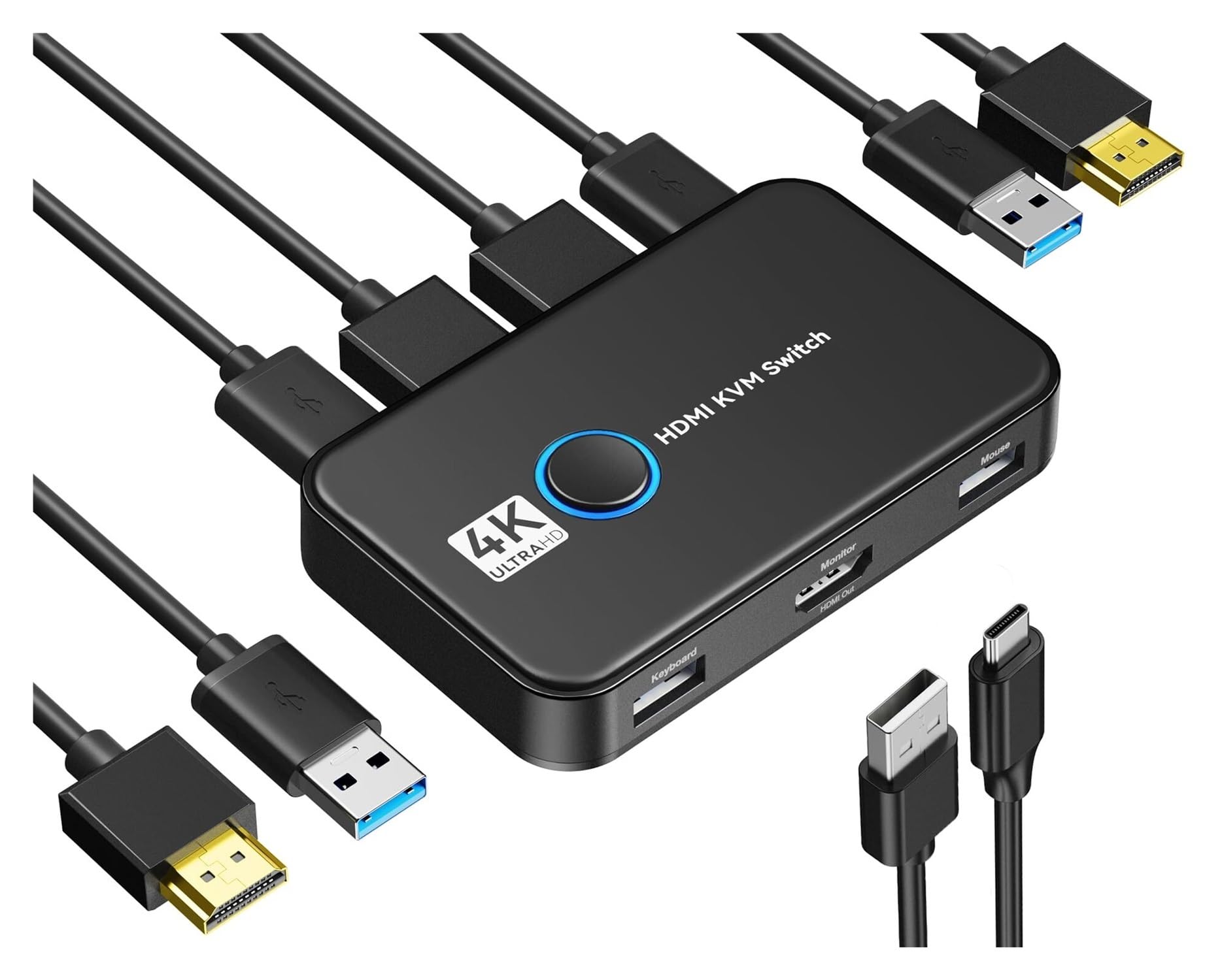 Przełącznik KVM 2 wejścia 1 wyjście dla 2 komputerów udostępniających jeden monitor HD i klawiaturę i mysz, obsługa 4K@60Hz między 2 komputerami