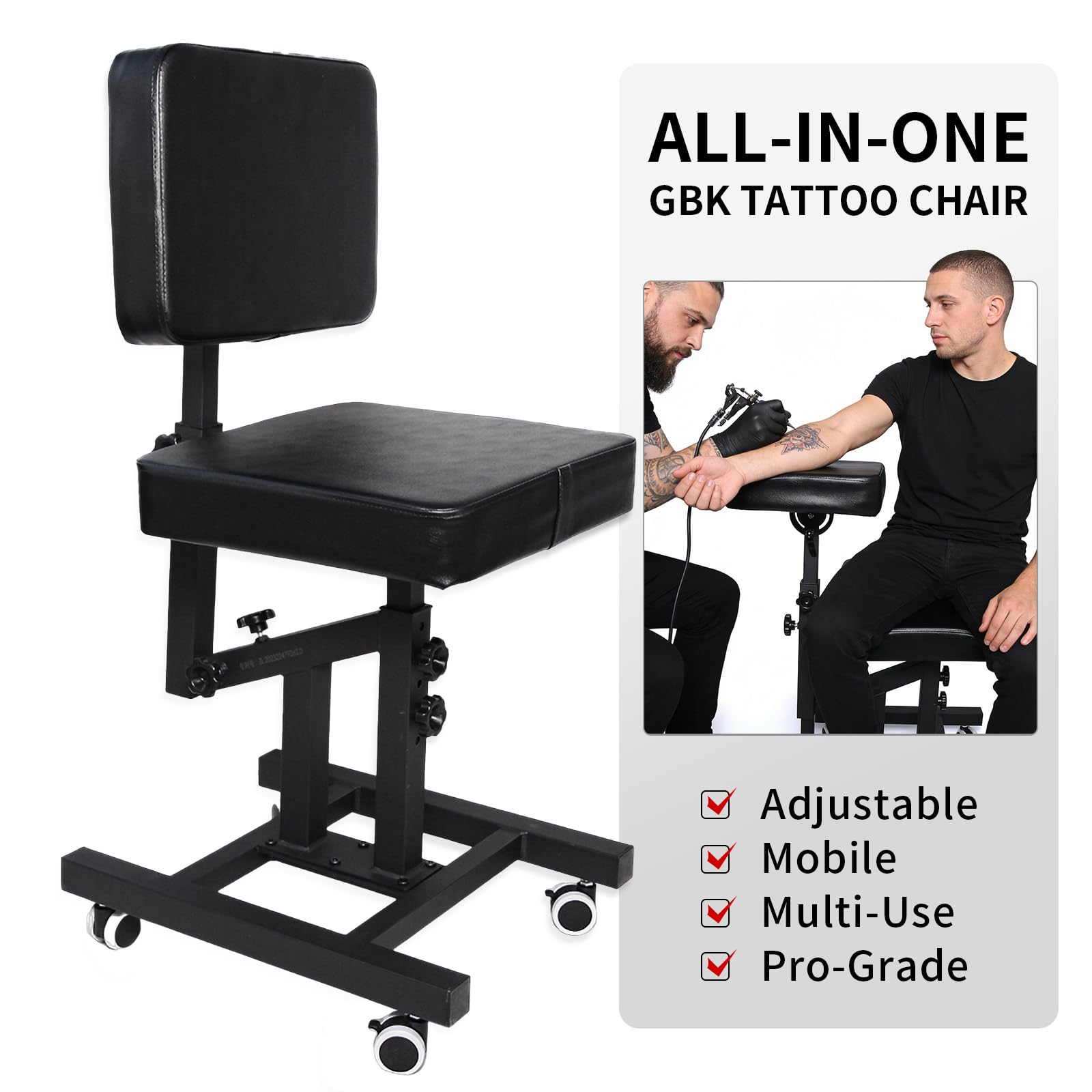 GBK Multifunktionaler Tattoo Stuhl mit Rollen, Verstellbare Tattoo Armlehne & Rückenlehne, Ergonomische Tätowierarmauflage, Mobile Tattoo Liege für Studio Salon & Tattoowagen Zubehör