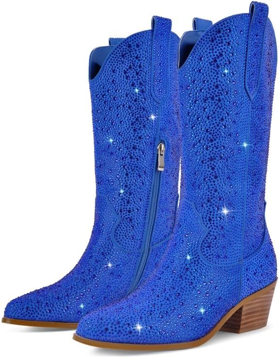 Richealnana Sparkly Rhinestones Cowboy Cowgirl Style Boots Calf High Boots for Women 2INCH Heeled Shining Pull On Tabs