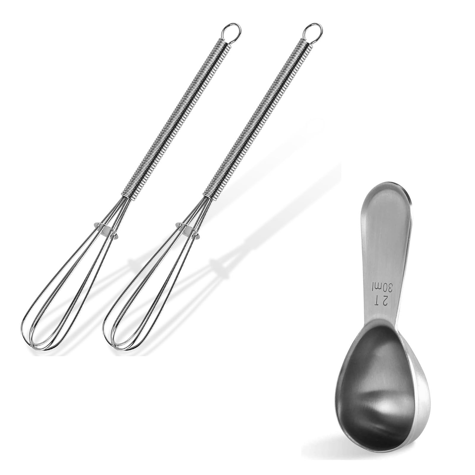 U-Taste 18/8 Stainless Steel Short Handled Measuring Coffee Scoop 2 tablespoon (Silver, 2Tbsp/30ml) and 18/8 Stainless Steel 7" Mini Whisk for Cooking