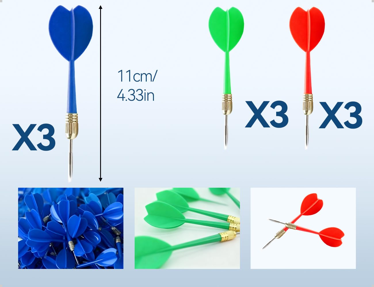 Set di 9 Freccette con Punta in Metallo, Freccette con Punta Rivestita in Ferro e Rame, Utilizzabili per Allenamento e Intrattenimento in Club (Rosso, Blu Scuro e Verde)