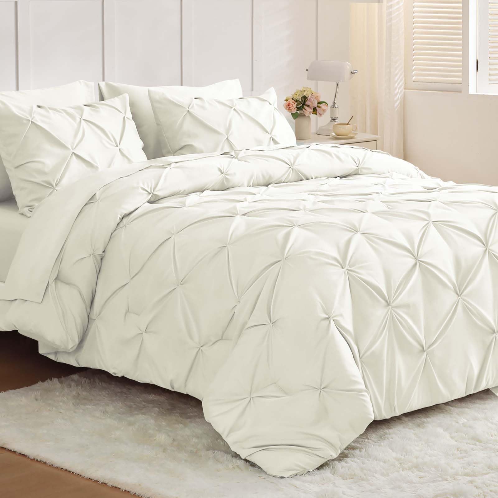 JOLLYVOGUE Queen Comforter Set 7 Pieces - Bed in a Bag Queen for All Season, Pintuck Bedding Comforter Sets with Comforter, Flat Sheet, Fitted Sheet