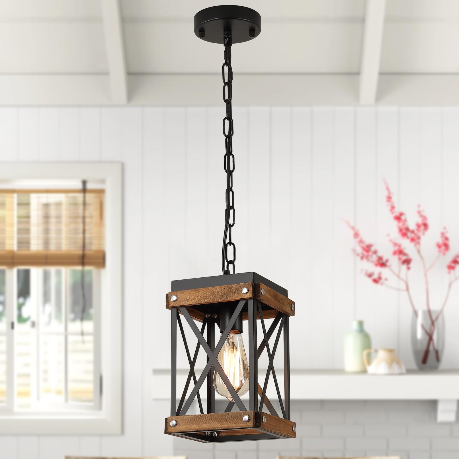 RKUCSR Rustic Farmhouse Oak and Metal Lantern Pendant