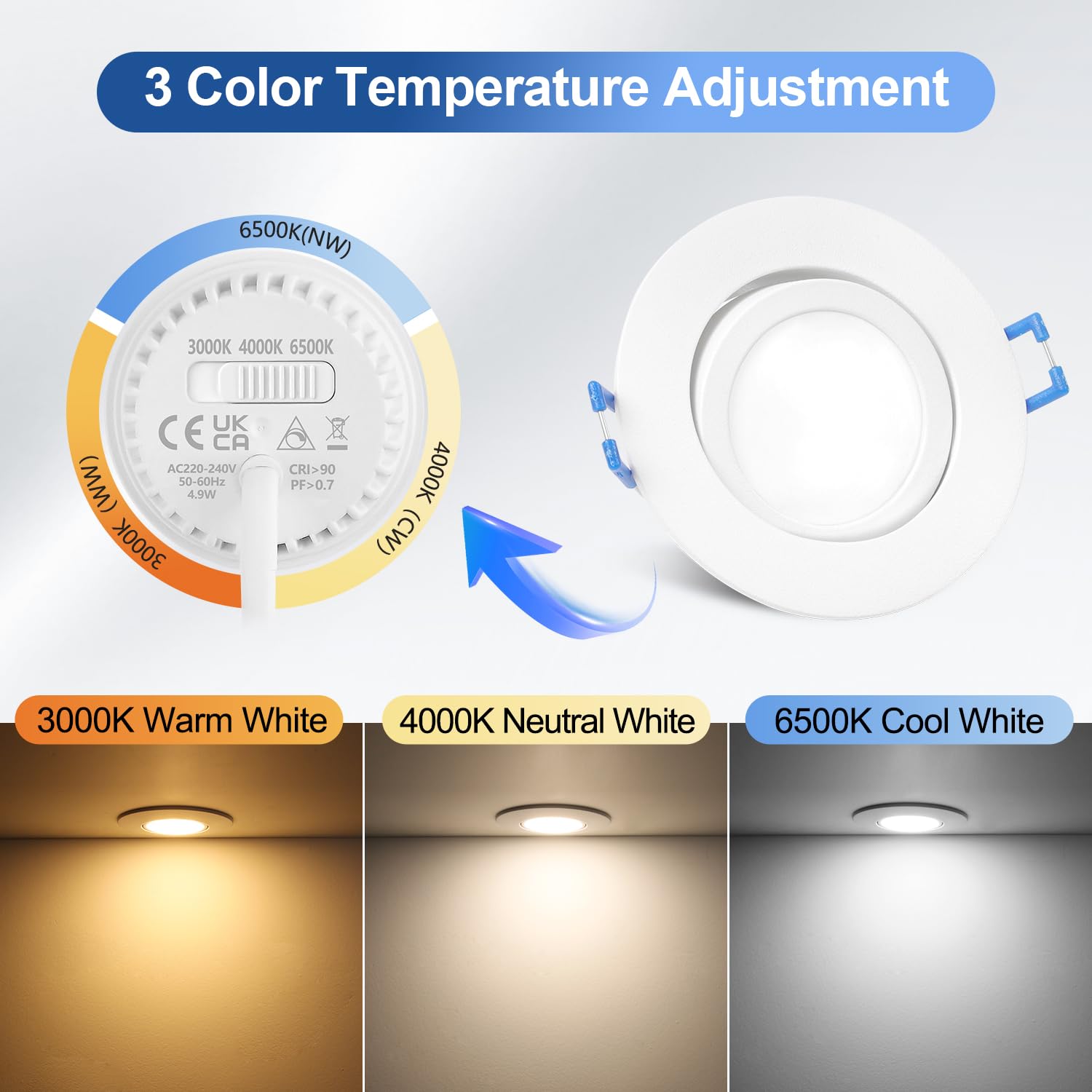 YindaLux Reflektor LED 5 W do zabudowy, płaski, 68 mm, IP44, 3000 K/4000 K/6500 K, oświetlenie punktowe do łazienki, możliwe ściemnianie, obracane sufitowe