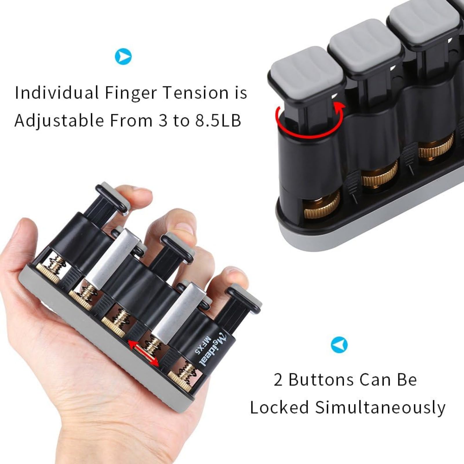 Ejercitador de Fuerza para Dedos, Entrenador de Mano Ajustable 3-8.5LB, Material Duradero con Agarres Antideslizantes para Músicos, Fisicoculturismo y Oficina