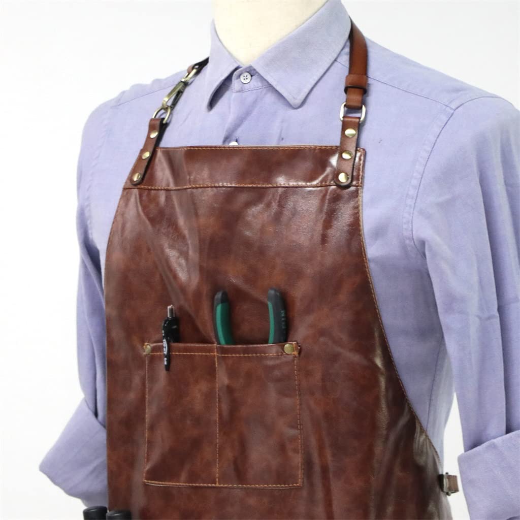 Delantal con Peto Delantal de Cuero Mono de Trabajo de Cuero de Microfibra Cinturón de Cuero Delantal de Trabajo Flexible (Color : Brown, Size : 59x75cm)