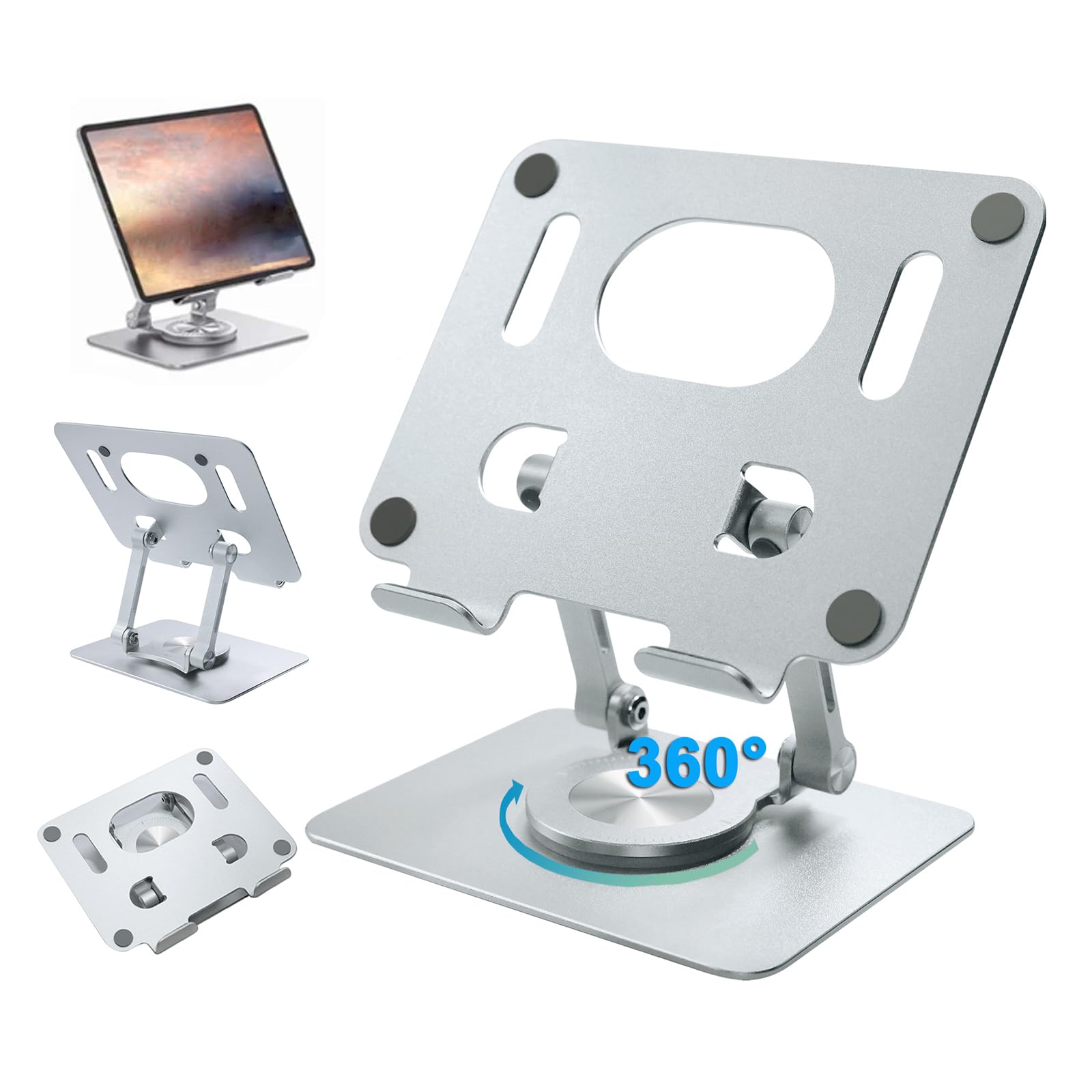 DCHAV Foldable Adjustable Drawing Tablet Stand for Desk iPad Holder Laptop Computer Riser 360 Rotating Ergonomic Aluminum Raised Table for Portable Monitor Phone 5-12 Inch Notebook, Silver