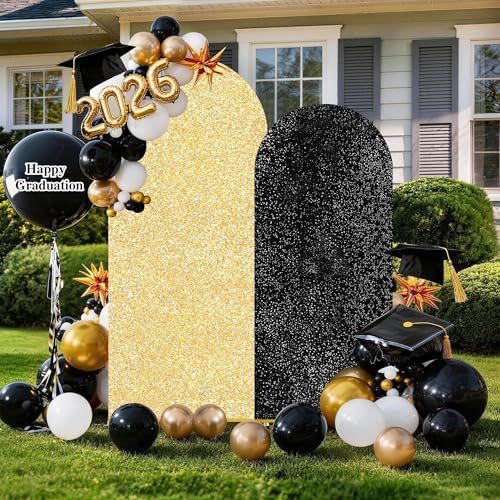 Image of Graduation Arch Backdrop Cover Set of 2 (7.2ft+6ft) Black Gold Sequin Arch Backdrop Balloon Arch Cover Party Decorations for Birthday Party Ceremony Events Decor