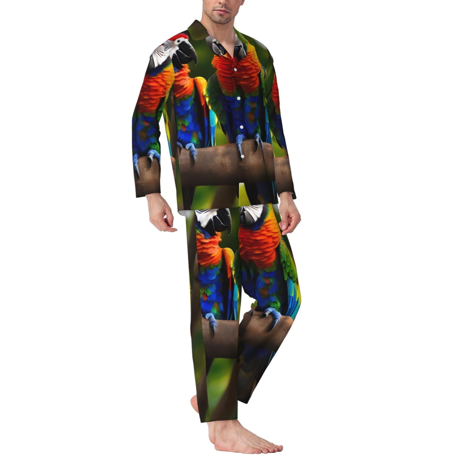 Herren-Pyjama-Set mit bunten Papageien auf Baum, langärmelig, zweiteilig, Hauskleidung, bequeme Nachtwäsche