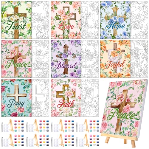 Humyoun 8 Sets 8" x 10" Inspirational Cross Pre Drawn Canvas to Paint for Sip and Paint Party Religious Predrawn Coloring Set Pre Sketched Canvas Boards with Paints and Brushes for Adult