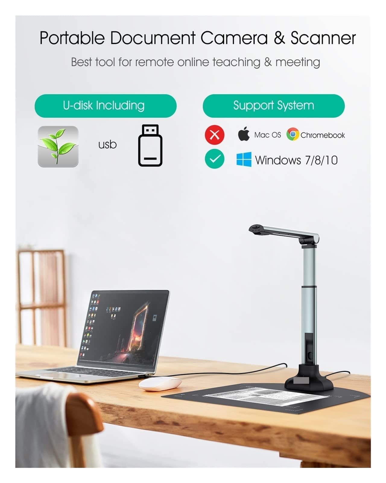 Escáner portátil, 1 2MP USB Cámara de Documentos for Profesores portátil A3 / A4 Tamaño del escáner Libro con Soporte extensión LOC Herramienta Pintura Zoom