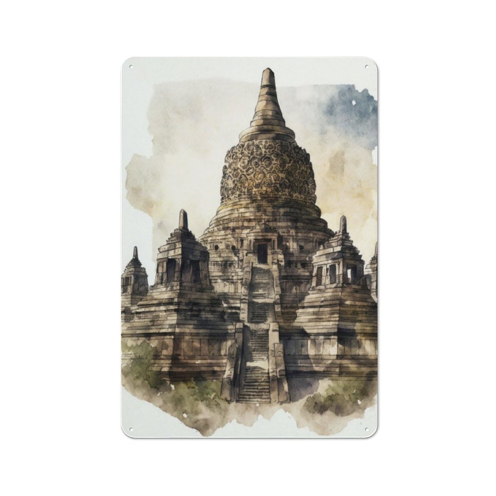 Junmoney Borobudur Temple Painting Tin Sign 30X20cm With For Living Room Wall, Rustic Decor, Seasonal Metal Wall Decor For Autumn Interiors