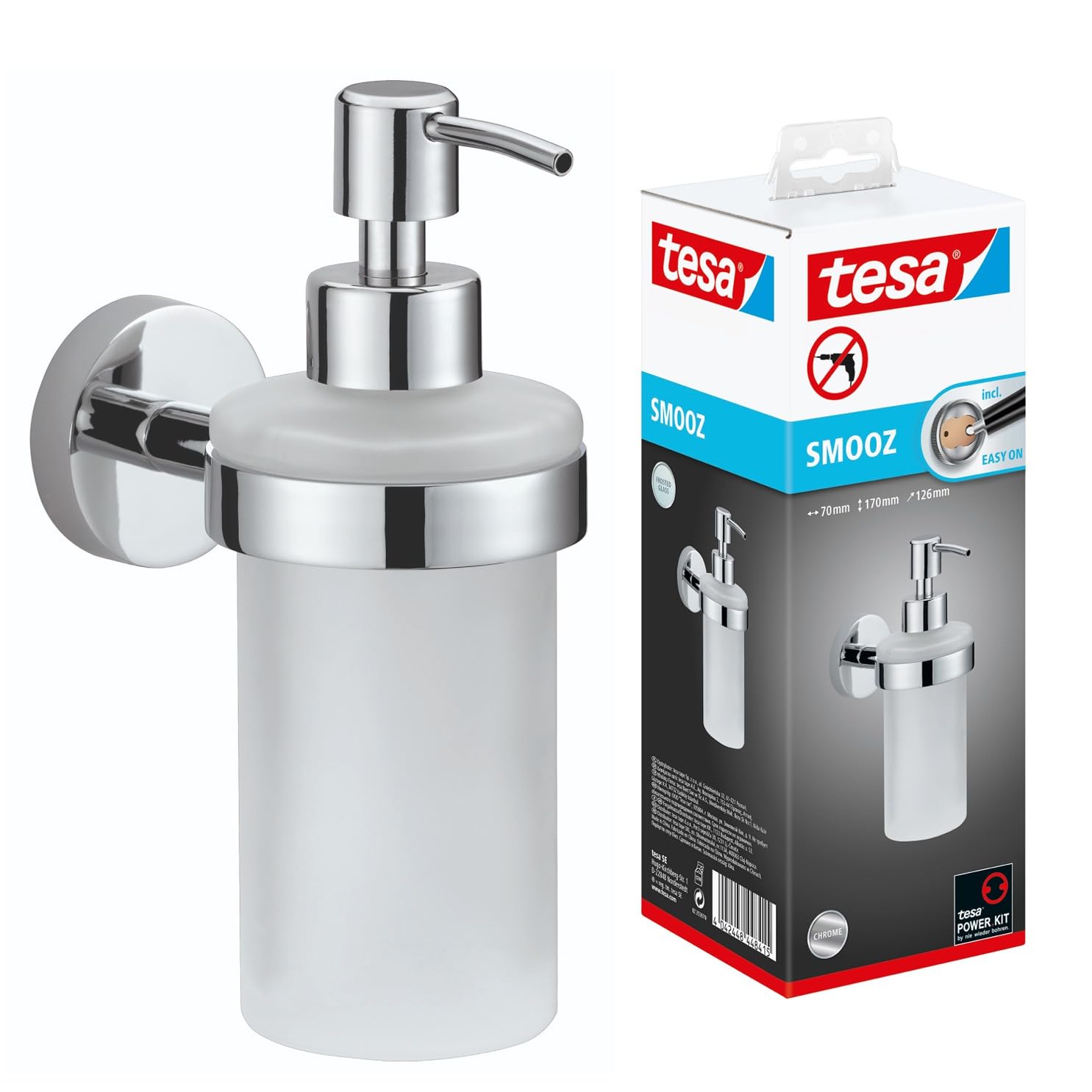 Tesa Uk Chrome/ White Tesa® Smooz Soap Dispenser, High Gloss D Metal, Self-Adhesive, Adhesive Mounting Technology, 170Mm X 70Mm X 126Mm