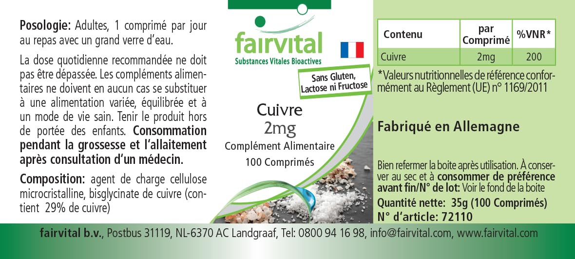 fairvital Compresse di rame 2 mg, ALTO DOSAGGIO, integratore alimentare a base di bisglicinato di rame, vegano, 100 compresse, facili da deglutire