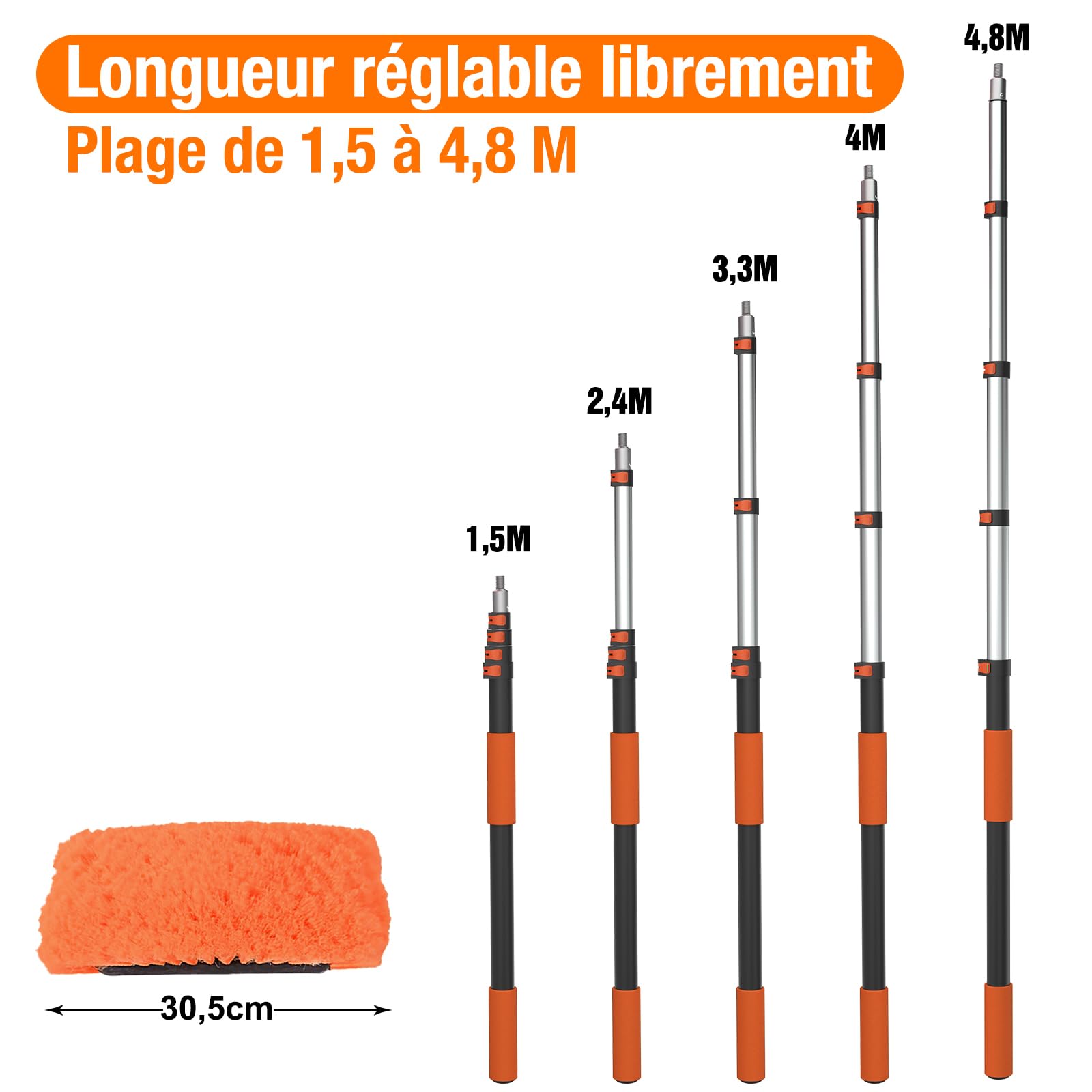 LAANPOLE Brosse Nettoyage Voiture avec Perche Telescopique 4,8m, Brosse Lavage Voiture avec Brosse Douce, Serpillière en Microfibre, Raclette Vitre, Gant, Brosse Jantes pour Camping-Car, Camion