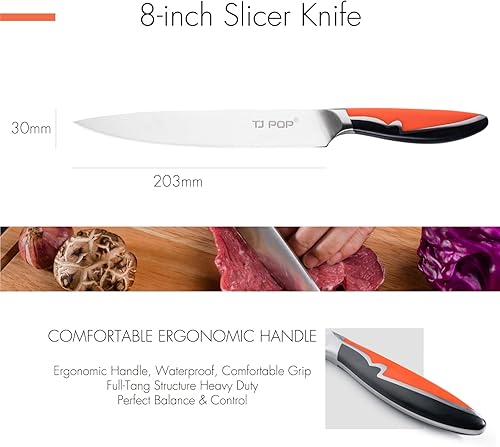 Miniatura 6 de TJ POP Cuchillo para tallar carne, cuchillo de rebanar de 8 pulgadas, diseño de espiga completa, hoja de acero alemán HC, mango antideslizante de