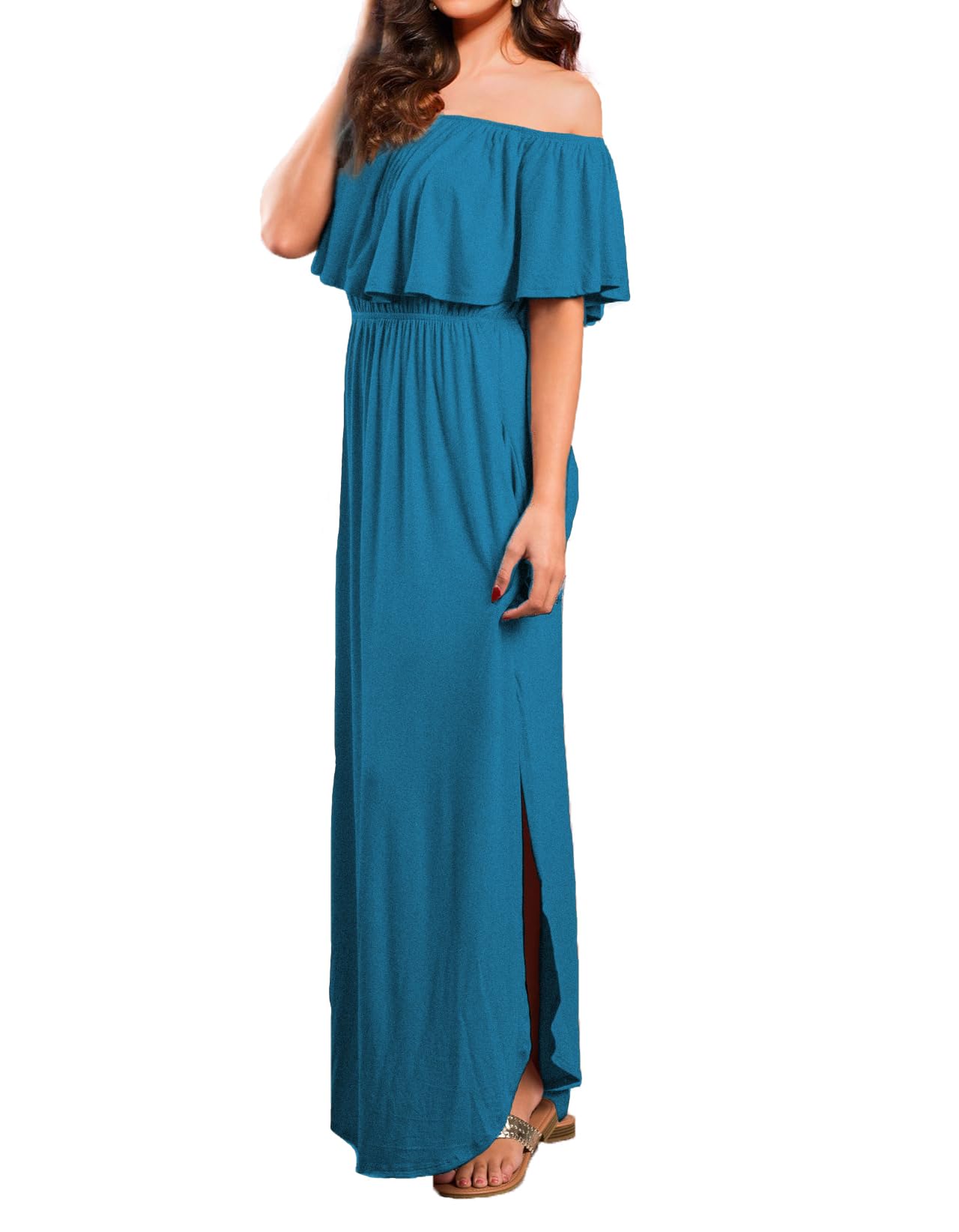 VERABENDI Maxi abito da donna con spalle scoperte, estivo, casual, lungo, volant, spiaggia, con tasche