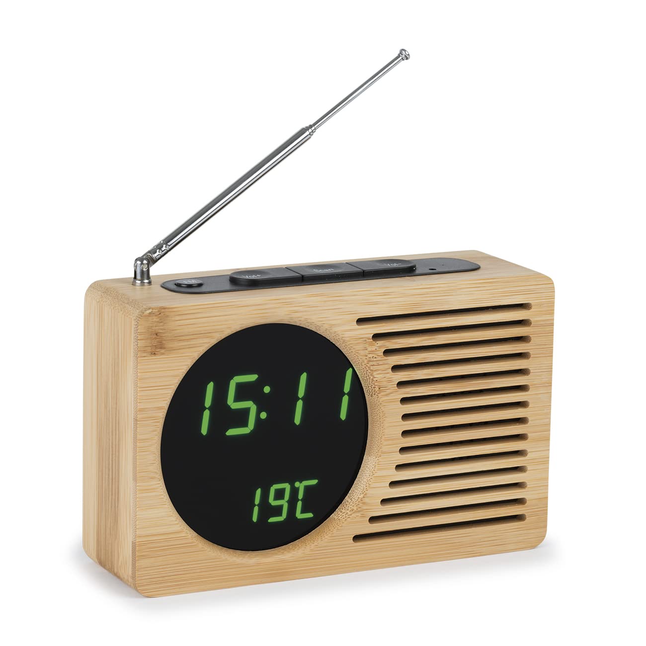 Atlanta 2601 - Reloj Despertador Digital LED con función de Radio, indicador de Temperatura, Carcasa de bambú