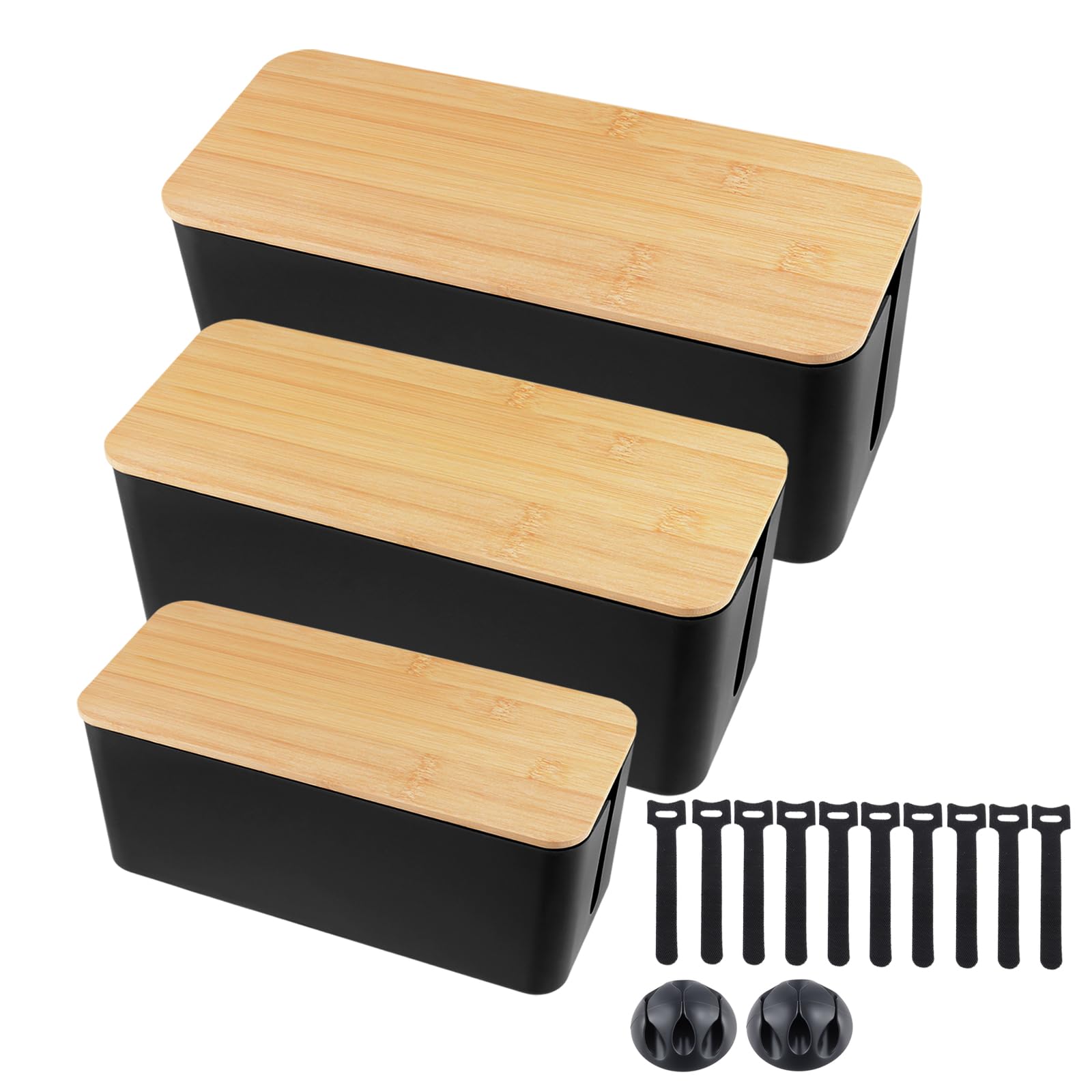 FUNSUEI Set di 3 scatole per la gestione dei cavi, con coperchio in bambù, colore nero, con apparecchiature di cablaggio e cintura di gestione dei cavi, per la casa e l'ufficio