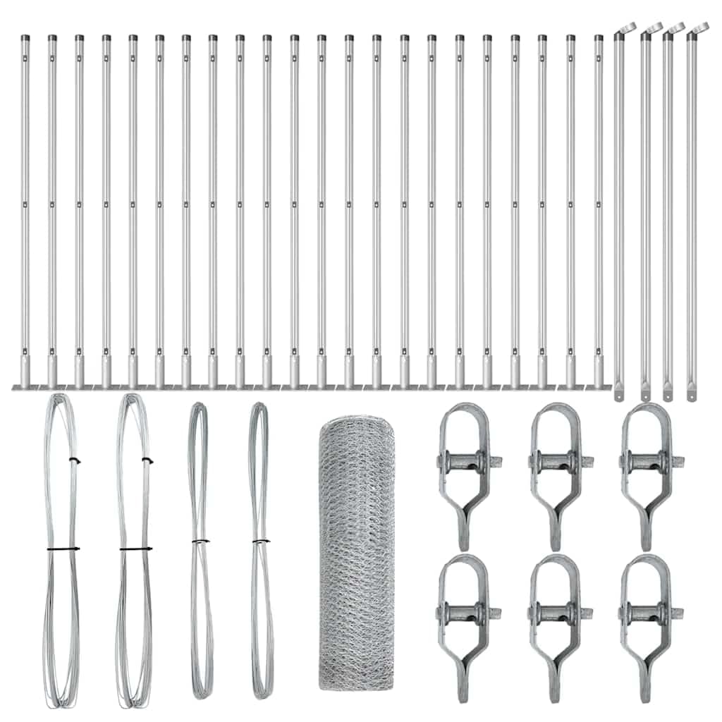 Garden Fence Post Set Silver 50x0.4m Steel 13mm Mesh Outdoor Security Barrier for Terrace Yard Enclosure Durable Corrosion Resistant Modern Style