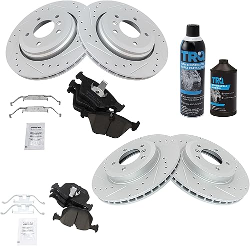 TRQ Juego de pastillas de freno y rotores de rendimiento delantero y trasero, kit químico de freno, pastillas de freno, rotores de freno cerámico