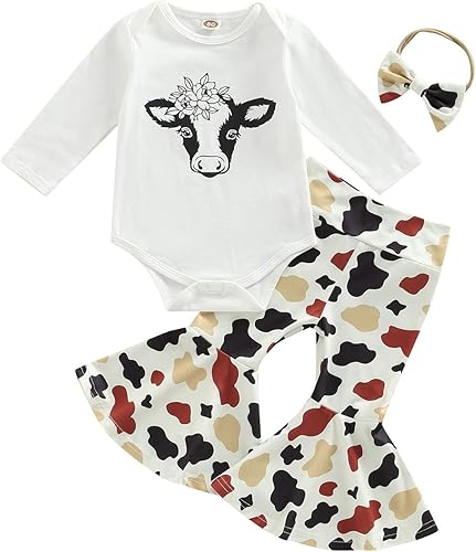 Miniatura 8 de Conjunto de ropa para niñas y bebés con estampado de vaca y pantalones de campana de manga larga de algodón