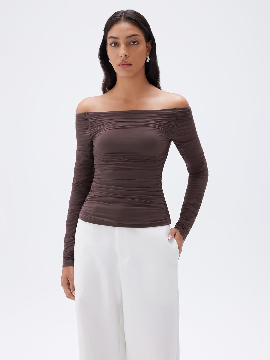 SUUKSESS Women Double Line Mesh Padded Tops Off The Shoulder Long Sleeve Shirts - Image 7