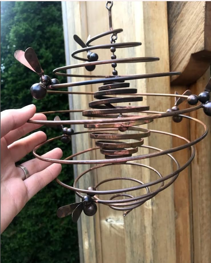 Honey Bee Spiral Hanging Spinner – Copper Color Metal Wind Mobile for Garden, Patio, Yard, or Porch – Outdoor Decorative Kinetic Art – Labor Day Seasonal Yard Ornament