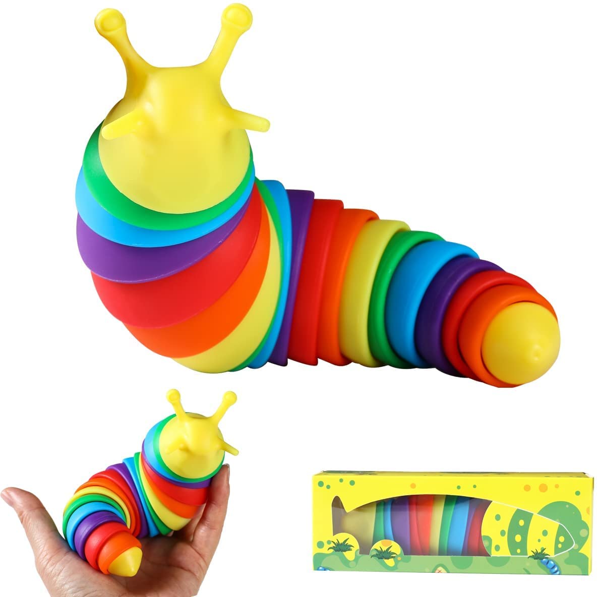 Occuwzz® Fidget toys, 3D Printed Stress Relief, Flexible Decompression Slug for Relaxing, Friendly Articulated Slug Fidget Toy, Hand Sensory Toy for Adults, 7.5 Inch Rainbow (Yellow Head)