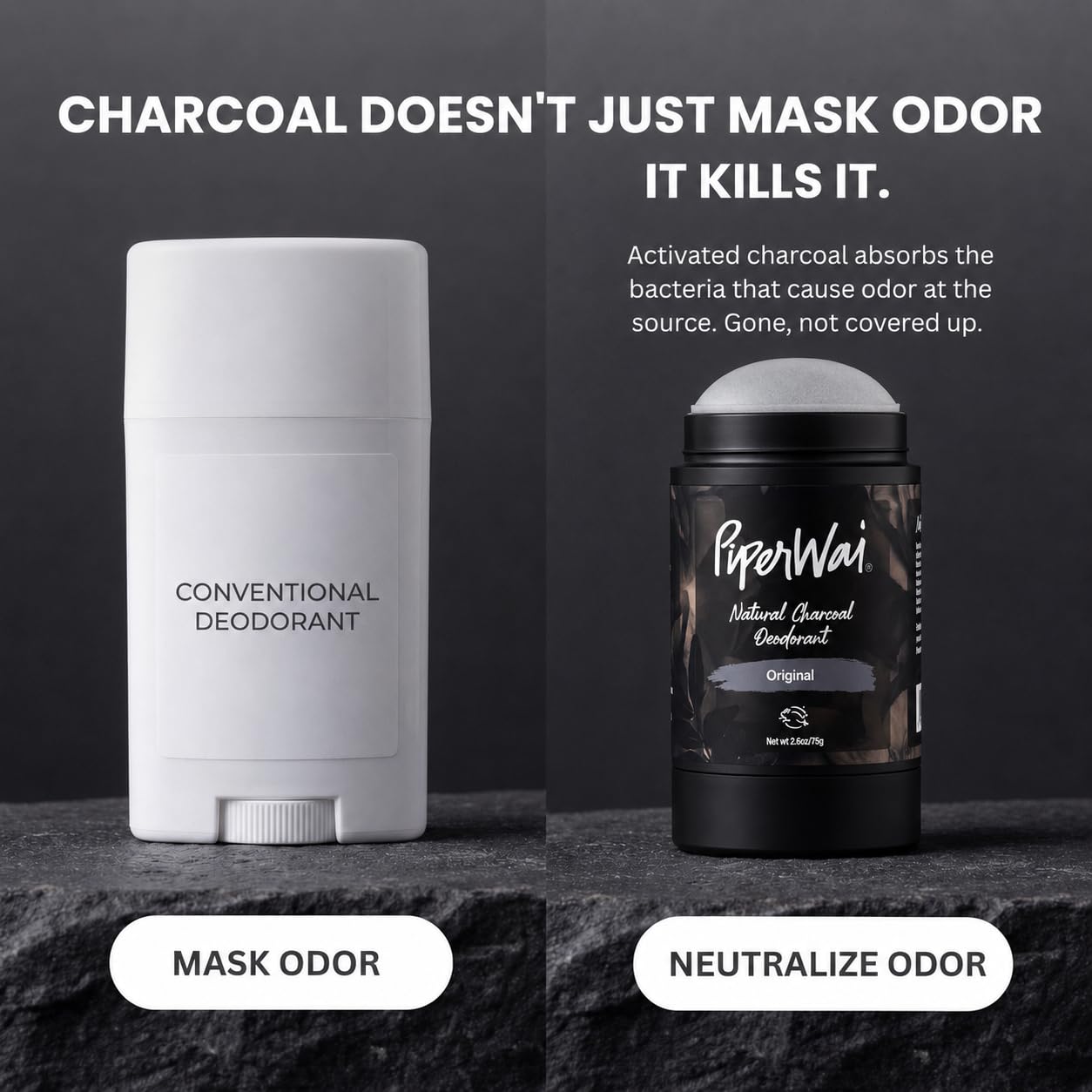 PiperWai Natürliches Deodorant mit Aktivkohle, Geruchsschutz, vegan, aluminiumfrei, Hai-Tank-Produkt für Damen und Herren, ideal für Reisen und Geschenke, 50 g Duftstäbchen, 2 Stück
