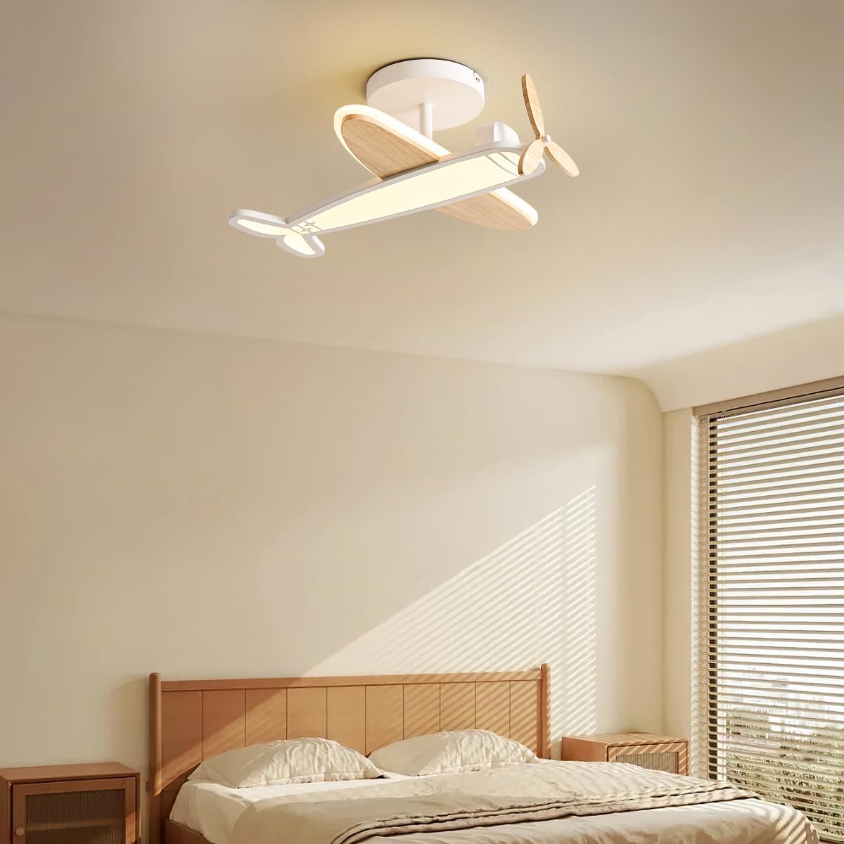 Plafón LED Techo Infantil Diseño Avión 53cm, con Hélice de Madera Giratoria, 40W 4000LM, Regulable 3000K-6500K, Lámpara Moderna con Mando a Distancia, Luz Nocturna y Temporizador