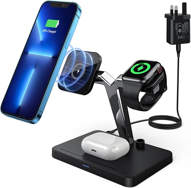 Magnetic Wireless Charging Station, 4 in 1 Mag-Safe Charger Stand Dock for iPhone 12/13 Pro Max, 12/13 Mini, 13/12 Pro, 12/13, iWatch 7/6/SE/5/4/3/2, Airpod Pro/2/3, Pencil(QC 3.0 Adapter Included)