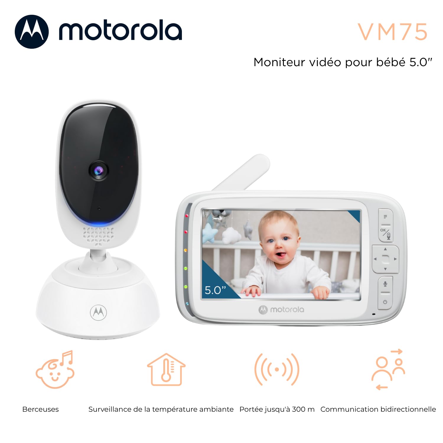 Motorola Nursery VM75 Babyphone Vidéo 5", Vision Nocturne, Bidirect.