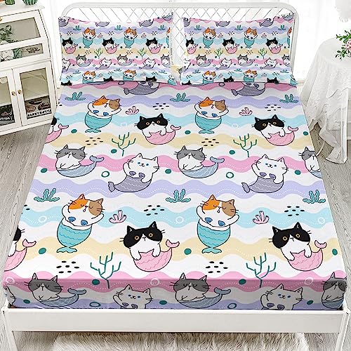 AILONEN Mermaid Cats Bed Sheet Twin Size, Colorful Gradient Sea Pattern Kids Bedding Set 3 Pieces Set Cartoon Ocean Animals Sheets for Girls Teen Bedroom Decor, 1 Fitted Sheet and 2 Pillowcases