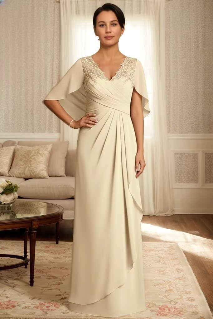 Chiffon Long Mother of The Bride Dress for Women Applique V Neck Grandmother of The Groom Dresses with Sleeve