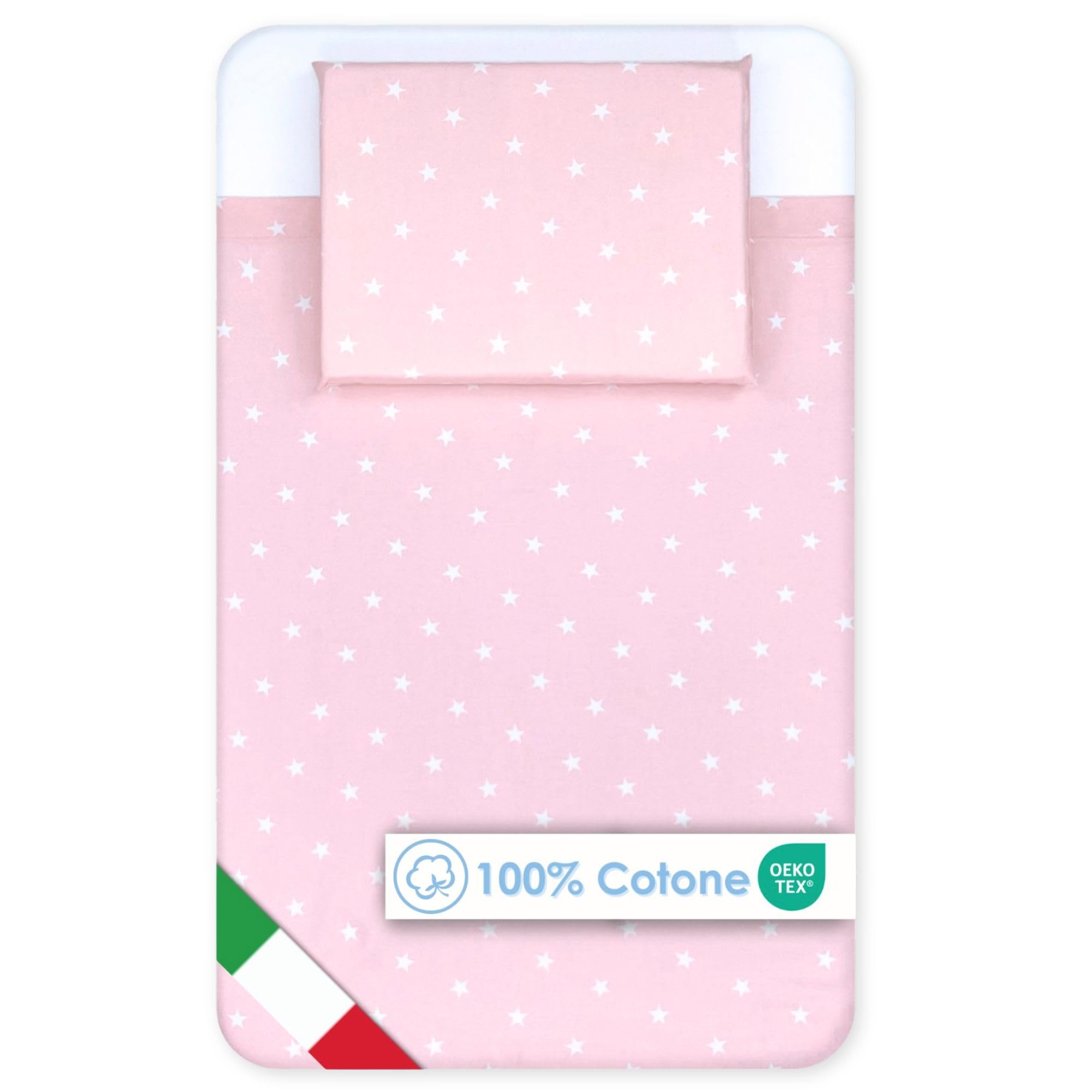 baby idea Lenzuola Next To Me 3 Pezzi Compatibili Culla Neonato 83x50 Lenzuola culla Fantasia + Sotto con Angoli + Federa Cuscino 100% Cotone Certificato Oeko Tex Made in Italy (Stellina Rosa 3 Pz)