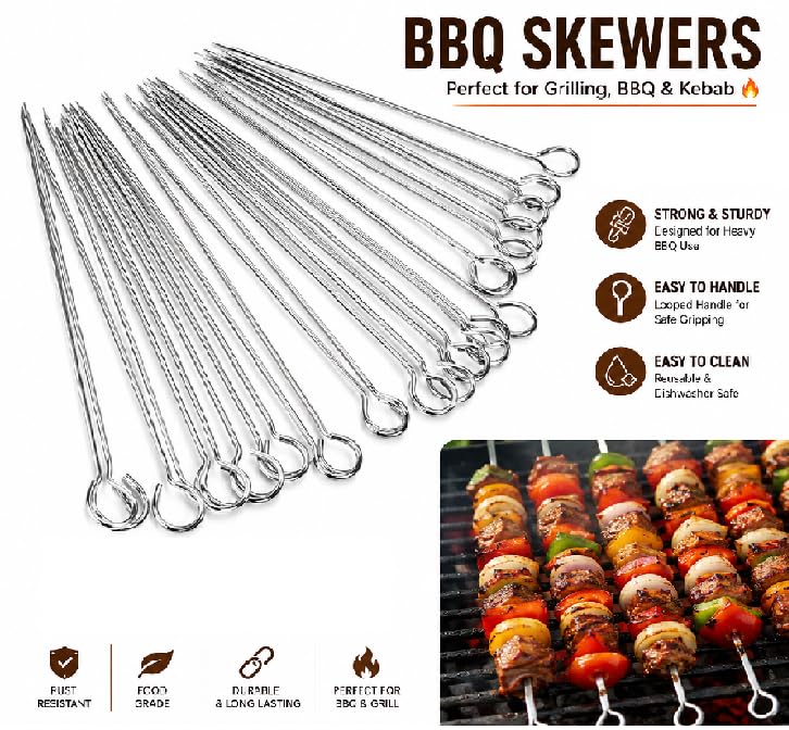 Dynore Stainless Steel Round Barbeque Skewers/Rods, 10 Inch, Set of 12 | Tandoor Sticks for Frying, Grilling & Roasting 4