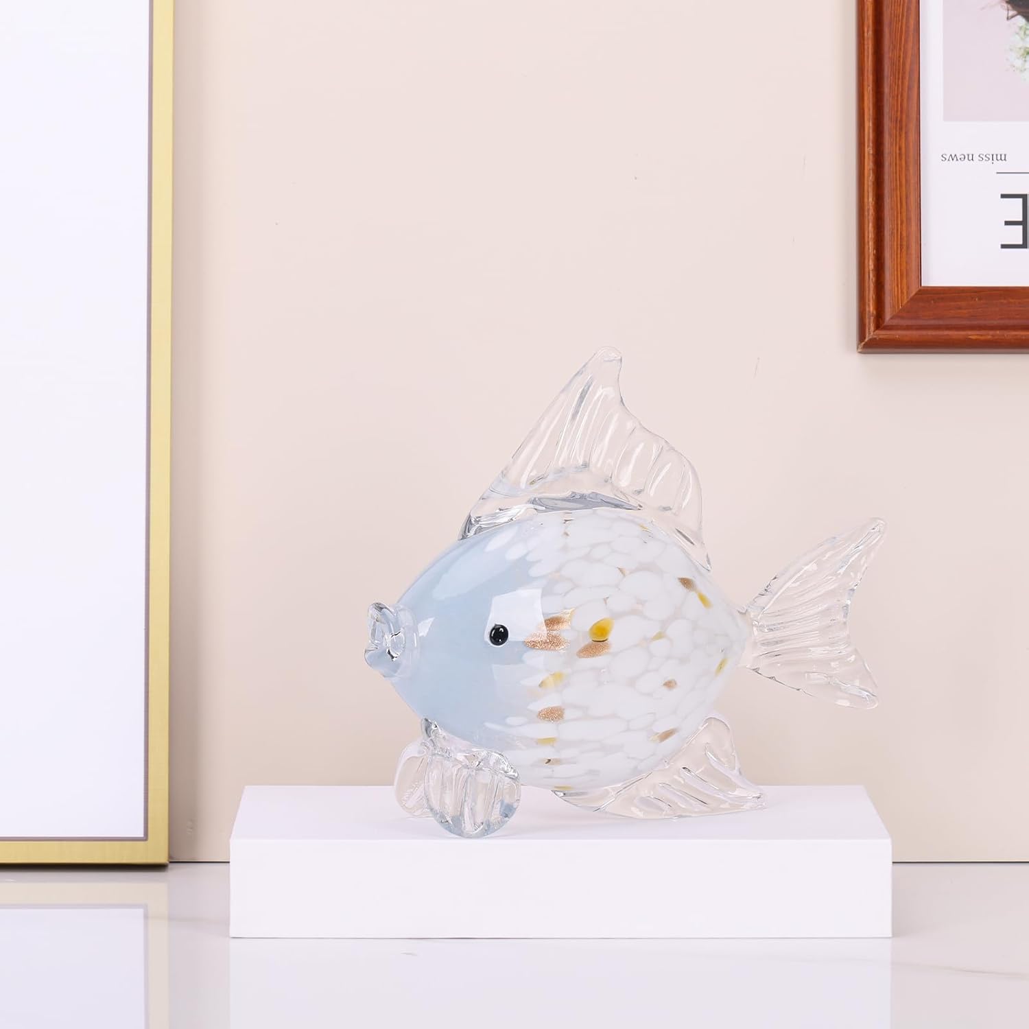 Large Hand Blown Glass Fish Figurines, Aquarium Sea Glass Art, Blue White Fish Statue Sculpture Modern Coastal Accent - for Beach Knick Knacks, Coffee Tables, Nautical Offices Centerpiece