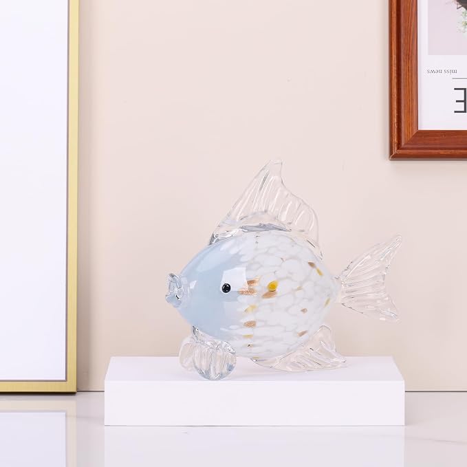 Figuras decorativas de pez de vidrio soplado grande, arte marino, azul y blanco, esculturas modernas costeras para decoración de playa y oficina miniatura 8