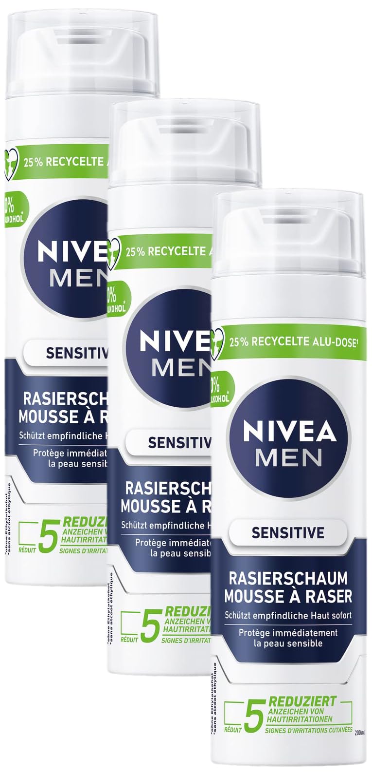 NIVEA MEN Sensitive Rasierschaum (200 ml), Rasierschaum mit Kamille und Vitamin E für eine sanfte Rasur, schützender Rasierschaum für Männer gegen Hautirritationen (Packung mit 3)