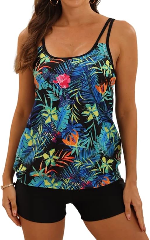 B2prity Tankini Swimsuit Tummy Control Blouson Two Piece Bathing Suit for Women Tank Top with High Waist Boy Shorts Swimwear