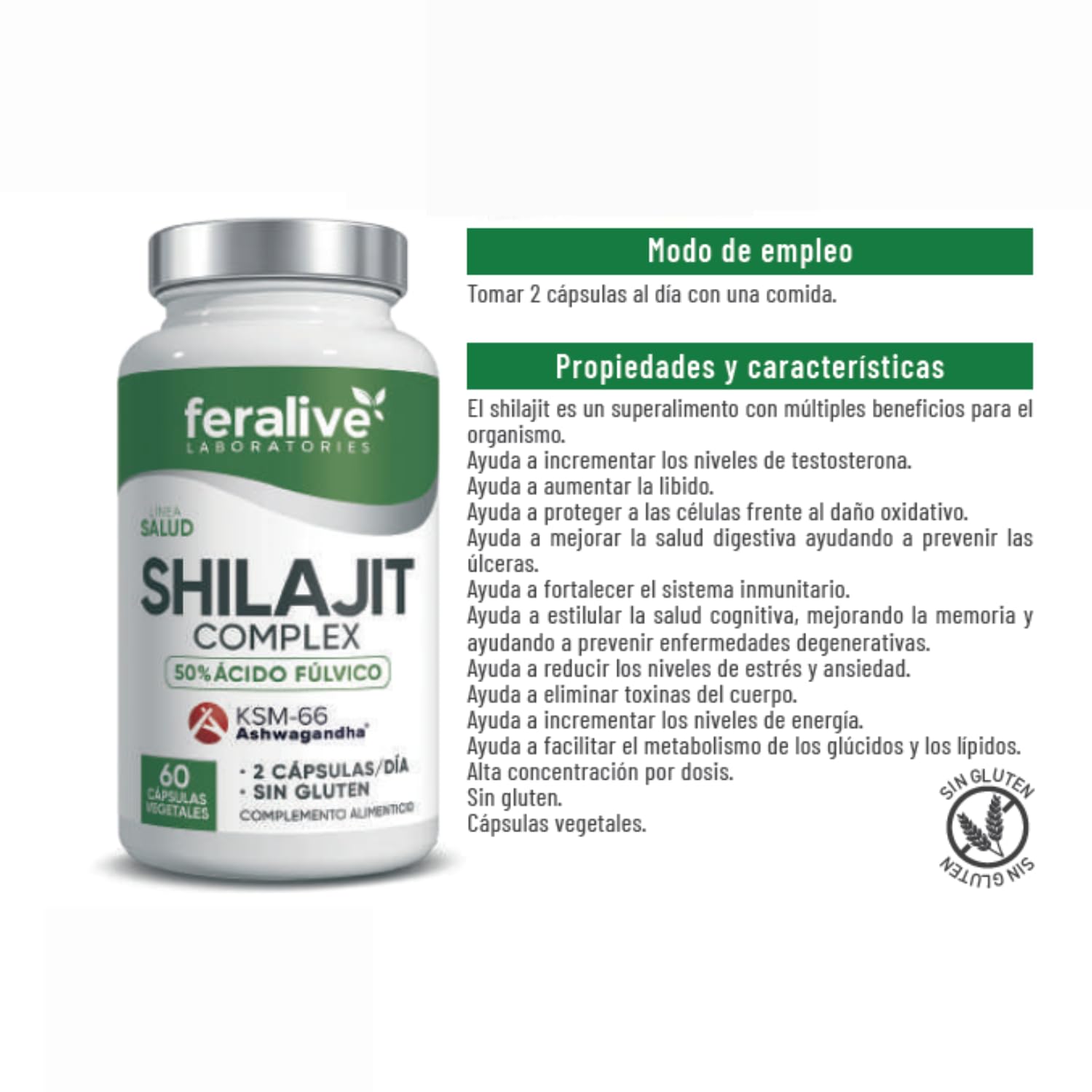 Shilajit Complex 500 mg 60 Cápsulas con 50% Ácido Fúlvico + Ashwagandha KSM-66® – Suplemento Energético para Vitalidad, Rendimiento, Testosterona y Bienestar General