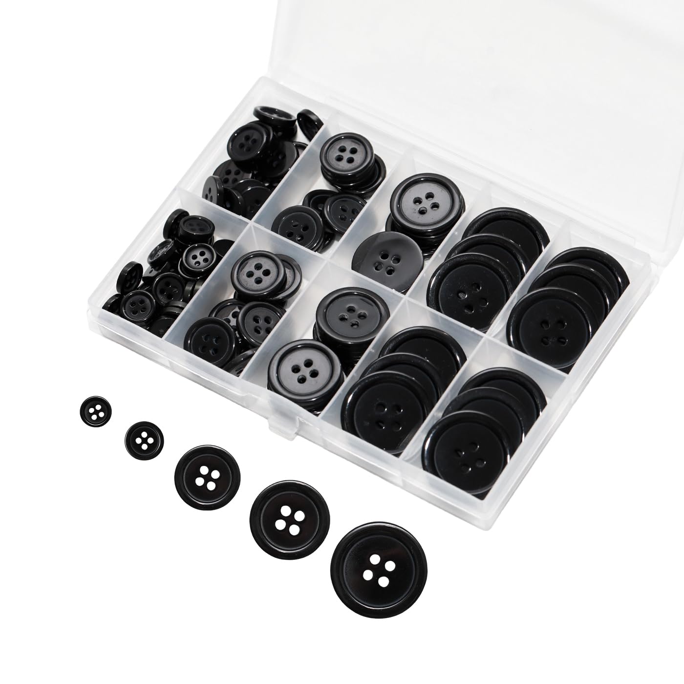 Lilaly 100 pcs Black Buttons for Crafts, 5 Sizes Mixed Round Sewing Buttons for Clothes, Suitable for for DIY Crafts, Coats, Shirts, Pants, Shorts