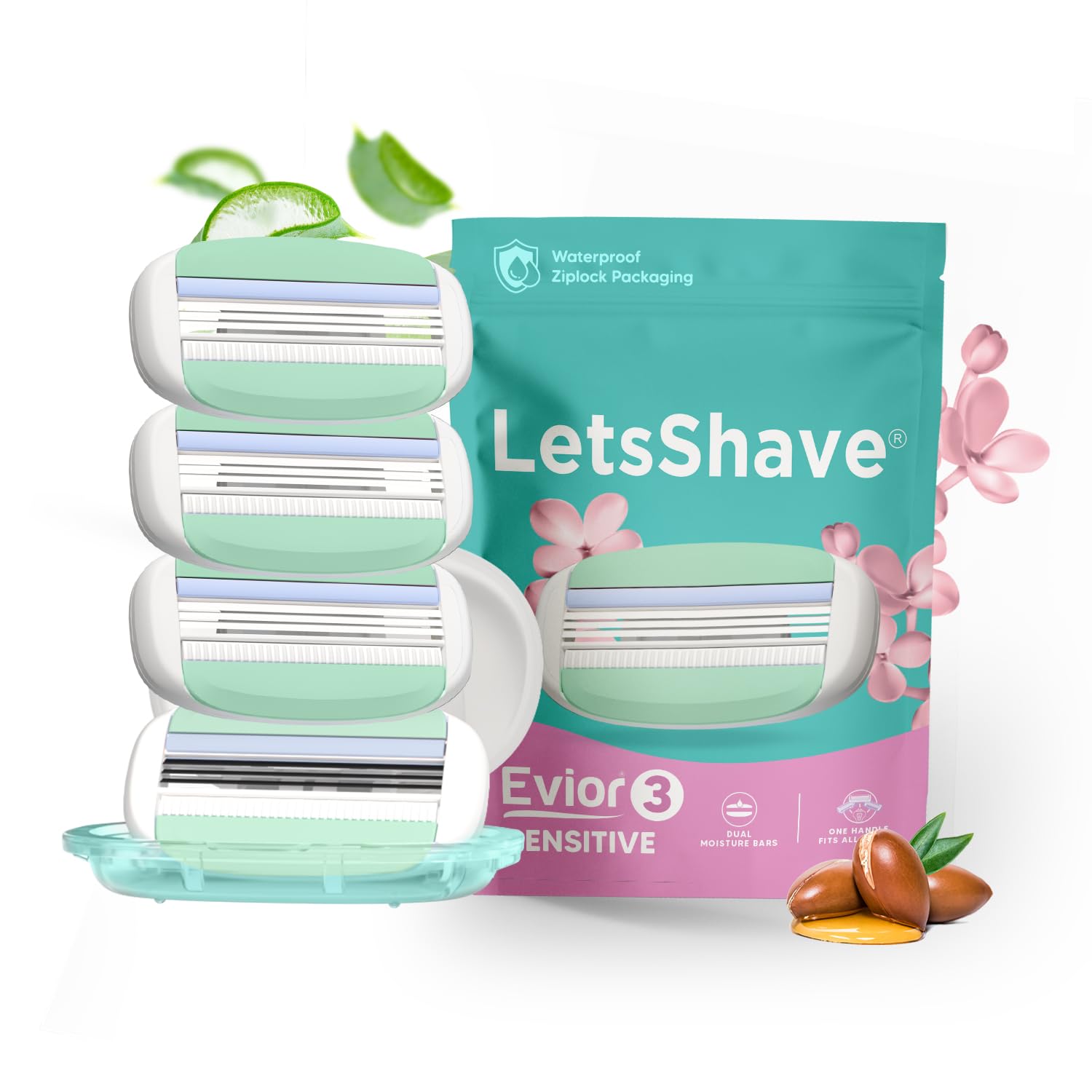 LetsShave Evior 3 Senstive Razor Blade Refills for Women (Pack of 4) | Dual Moisture Bar infused with Aloe vera | Bikini Area & Full Body Hair Removal Blades