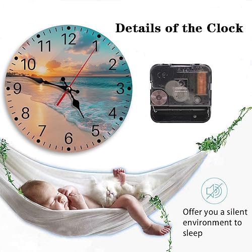 Miniatura 4 de Britimes Reloj de pared redondo sin tictac, silencioso a pilas, 10 pulgadas, mar, playa, cielo azul, arena, decoración del hogar para sala de estar,