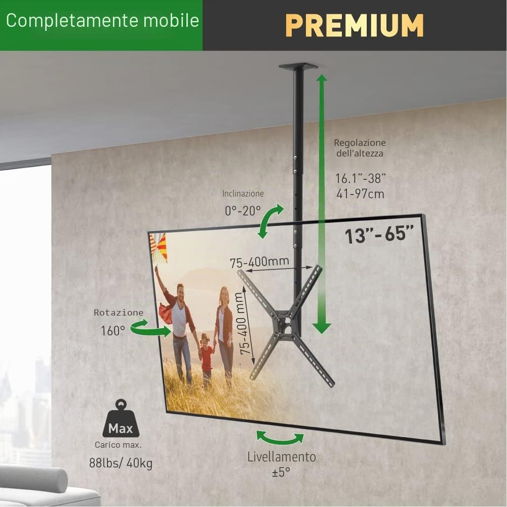 Barkan Supporto da soffitto lungo 97 cm, inclinabile da 29 – 65 pollici, movimento piatto e curvo, può contenere fino a 40 kg, telescopico regolabile in altezza, per LED OLED LCD, max. VESA 400 x 400,