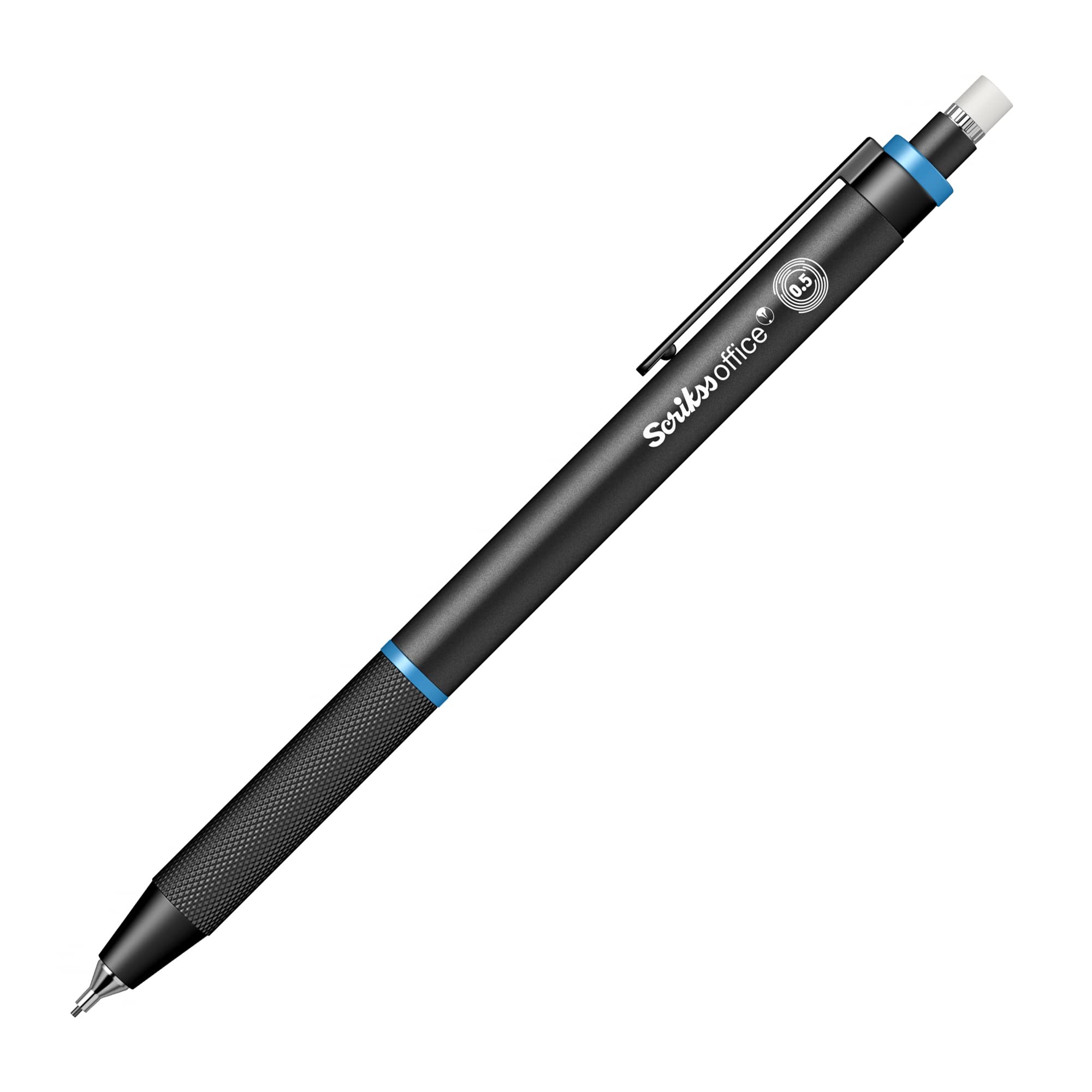 Scrikss Ołówek do długopisu mechanicznego sprzęgła 0,5 mm, czarny aluminiowy korpus, mechanizm zatrzaskowy, seria Twist | niebieski akcent | w zestawie gumka