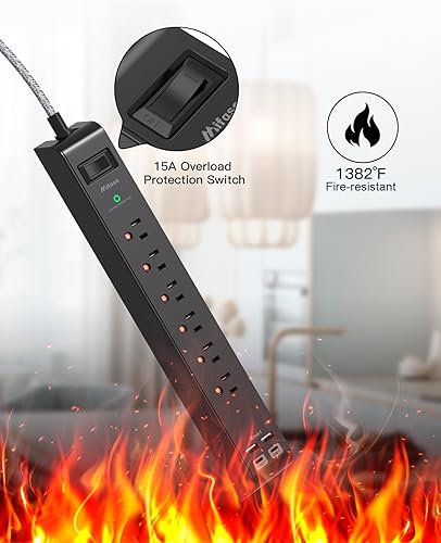 Vista 6 de Regleta protectora de sobretensiones, 6 tomas, 4 puertos de carga USB, cable de extensión trenzado de 5 pies, enchufe plano, protección contra
